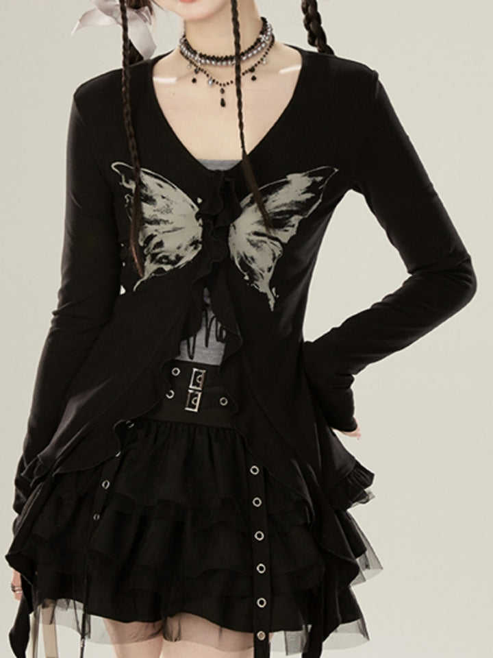 Black Y2K Butterfly Print Top