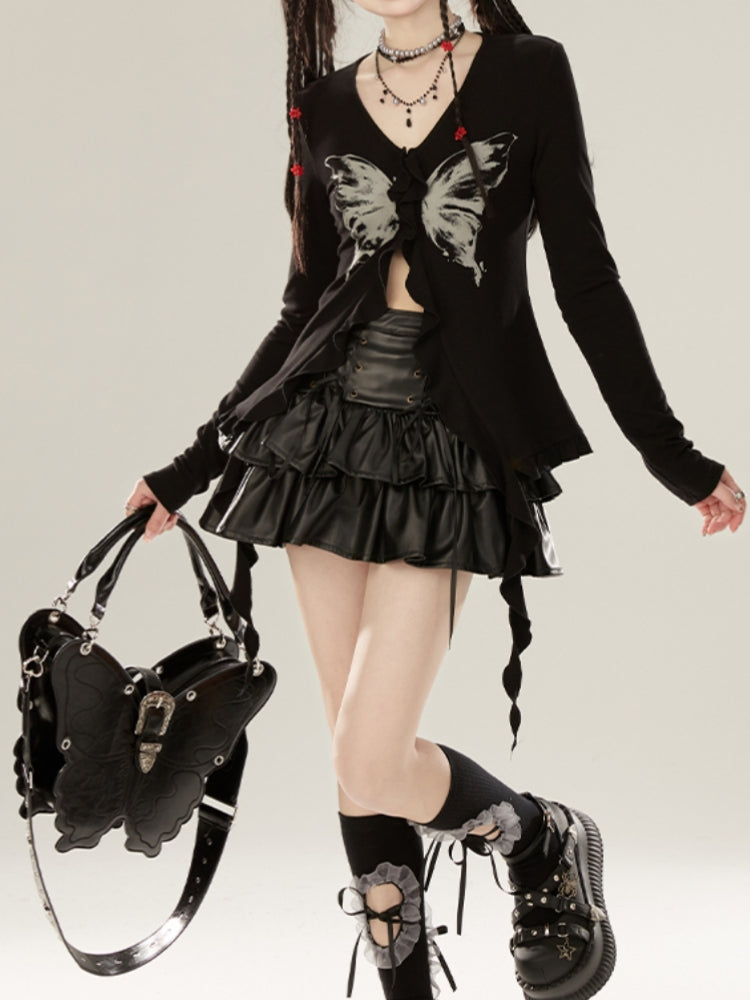 Black Y2K Butterfly Print Top
