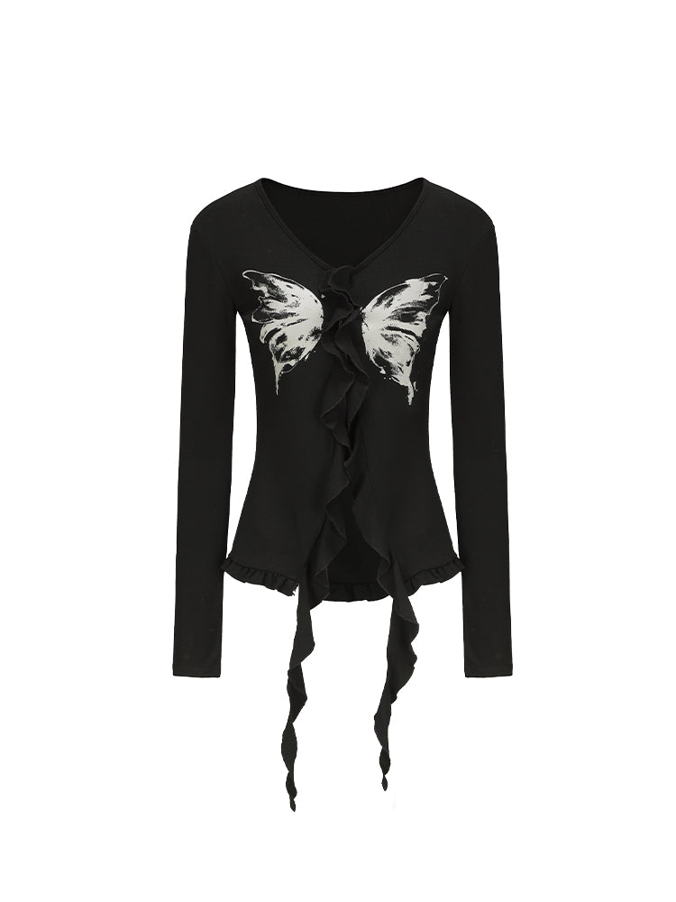 Black Y2K Butterfly Print Top