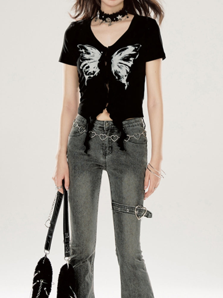 Black Y2K Butterfly Print Top