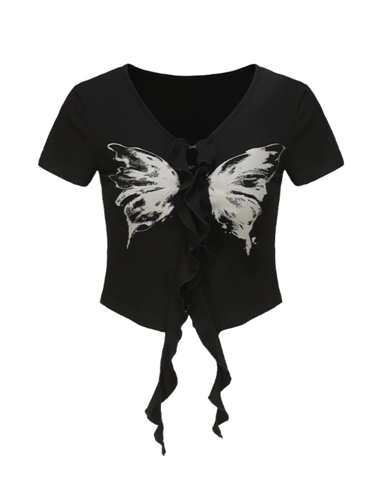 Black Y2K Butterfly Print Top