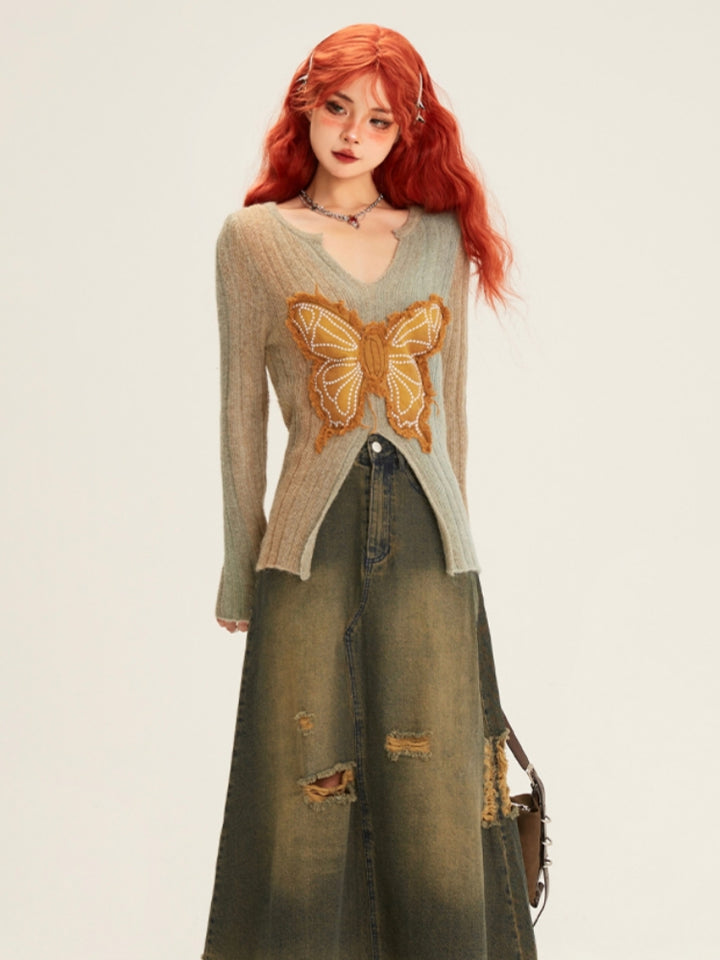 intage Butterfly Appliqué Embroidered V-neck Knit Top for Winter