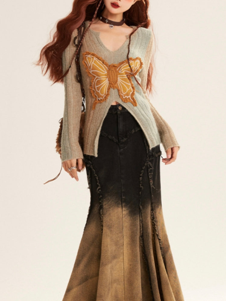 intage Butterfly Appliqué Embroidered V-neck Knit Top for Winter