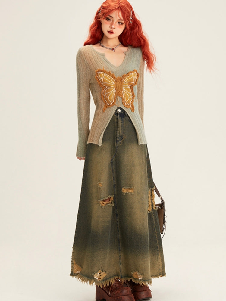 intage Butterfly Appliqué Embroidered V-neck Knit Top for Winter