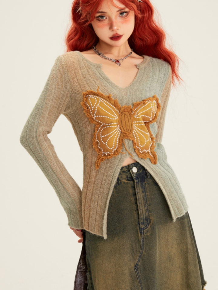 intage Butterfly Appliqué Embroidered V-neck Knit Top for Winter