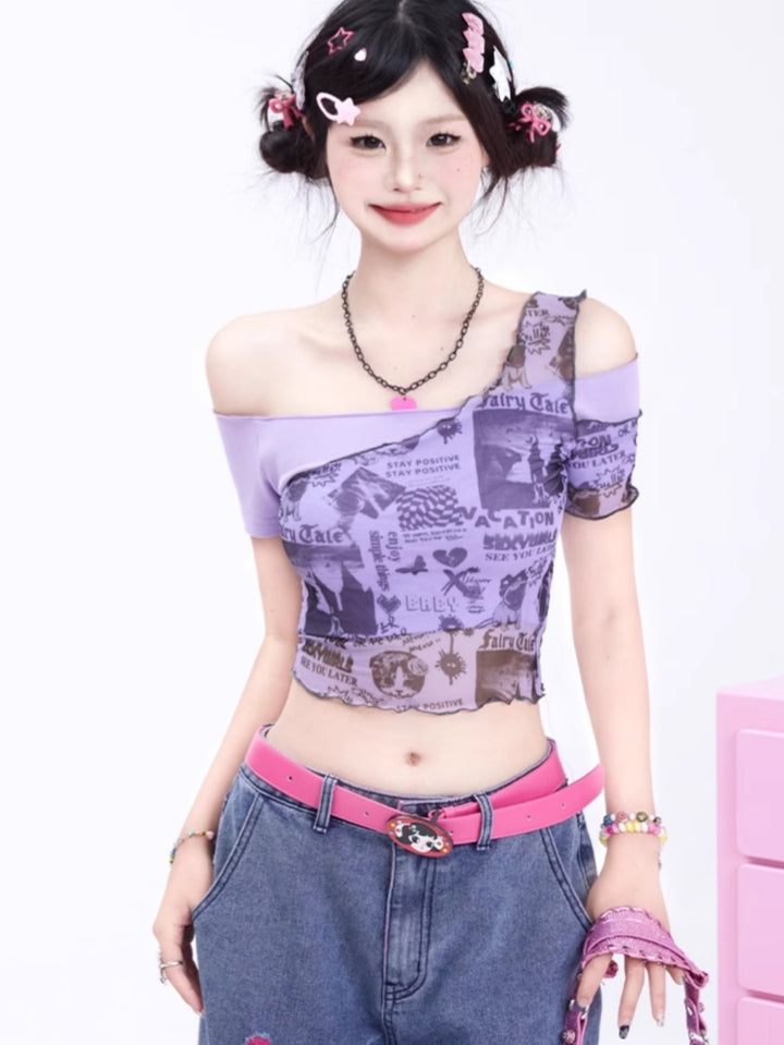 Vintage Sheer Cropped Print T-shirt for Summer