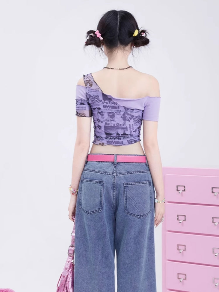 Vintage Sheer Cropped Print T-shirt for Summer