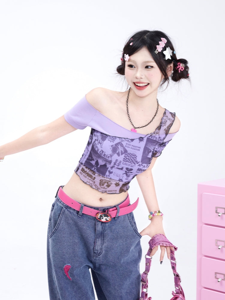 Vintage Sheer Cropped Print T-shirt for Summer