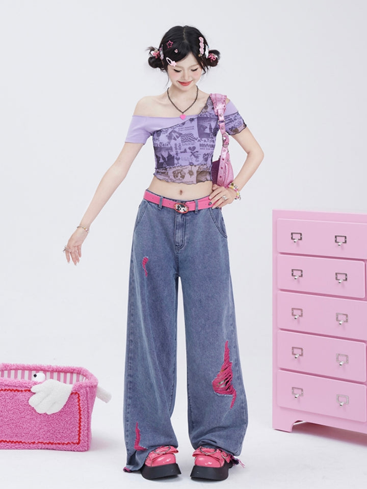 Vintage Sheer Cropped Print T-shirt for Summer