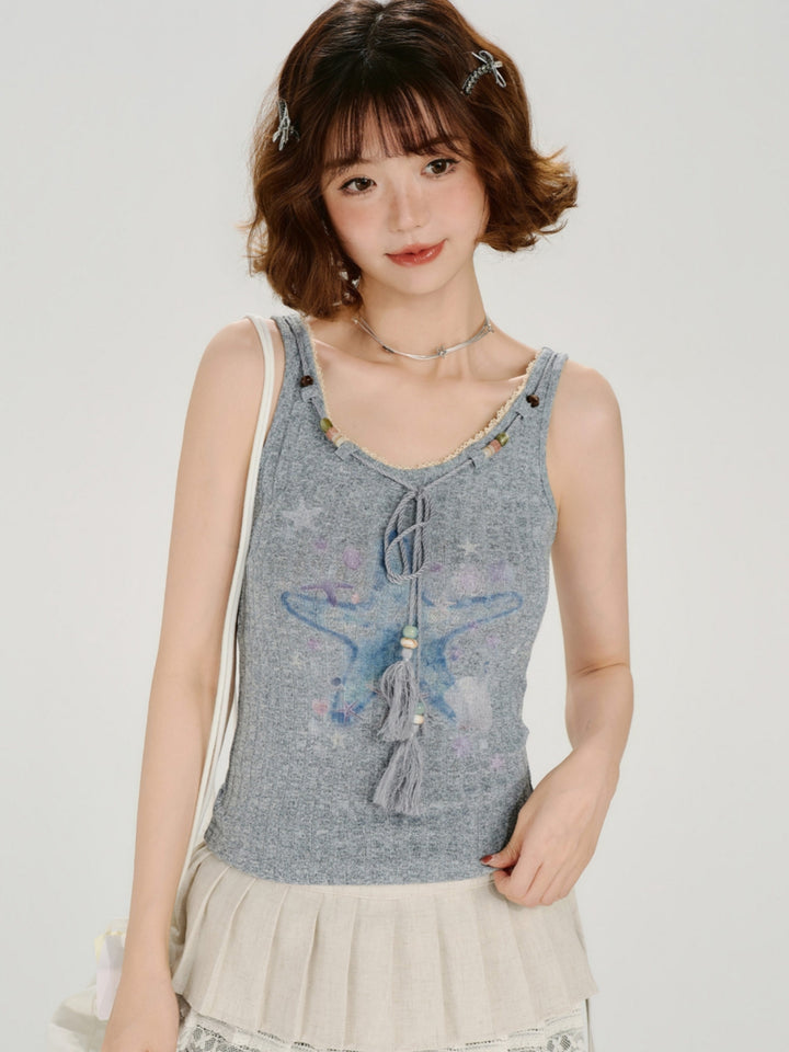 Grey ribbed tank top with blue starfish print and hanging rope tassels