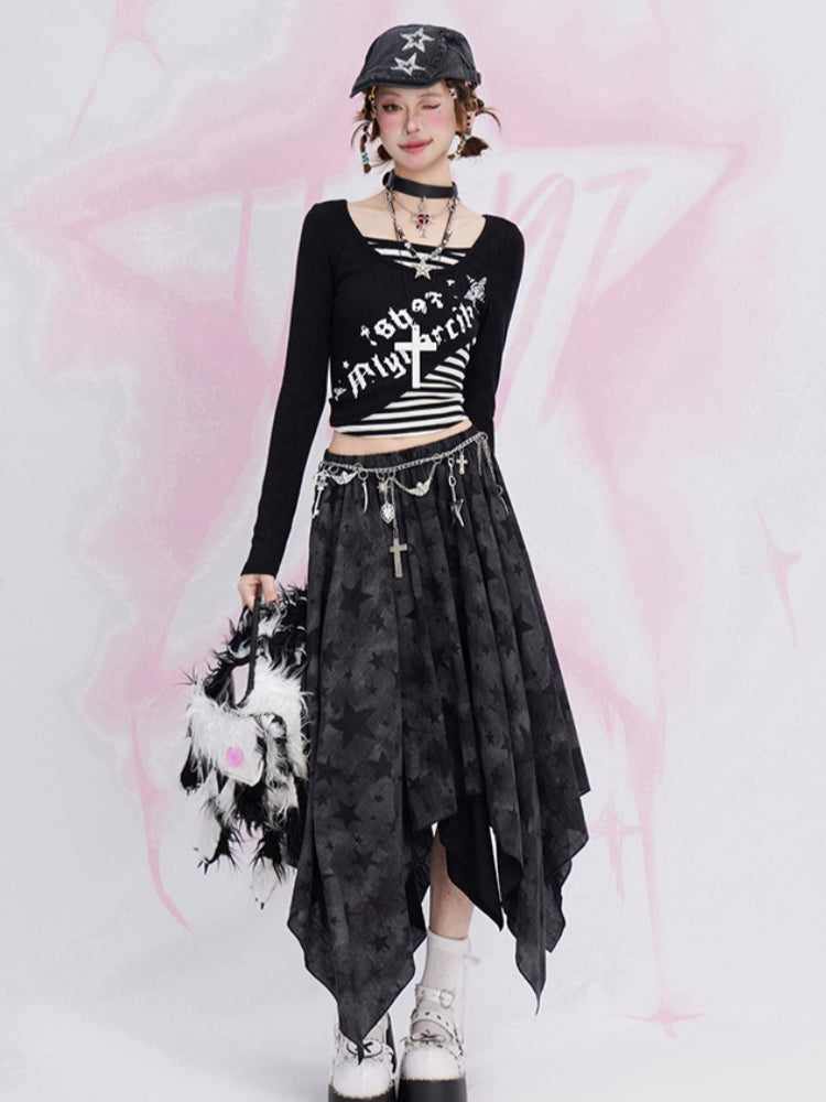 Subculture Style Striped Patchwork Layered-Look Top