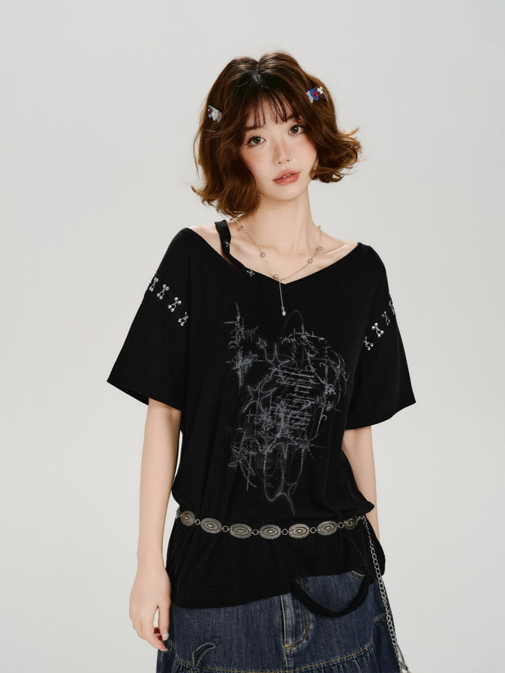 Grunge Star Graphic Hook Detail Knit Tee