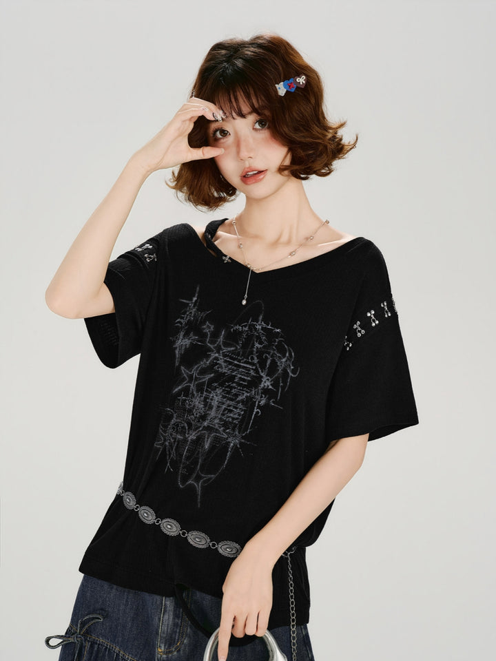 Grunge Star Graphic Hook Detail Knit Tee