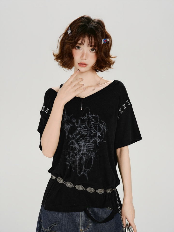 Grunge Star Graphic Hook Detail Knit Tee