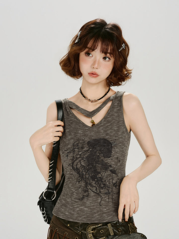 Jellyfish Print Cut-out V-Neck Grunge Tank