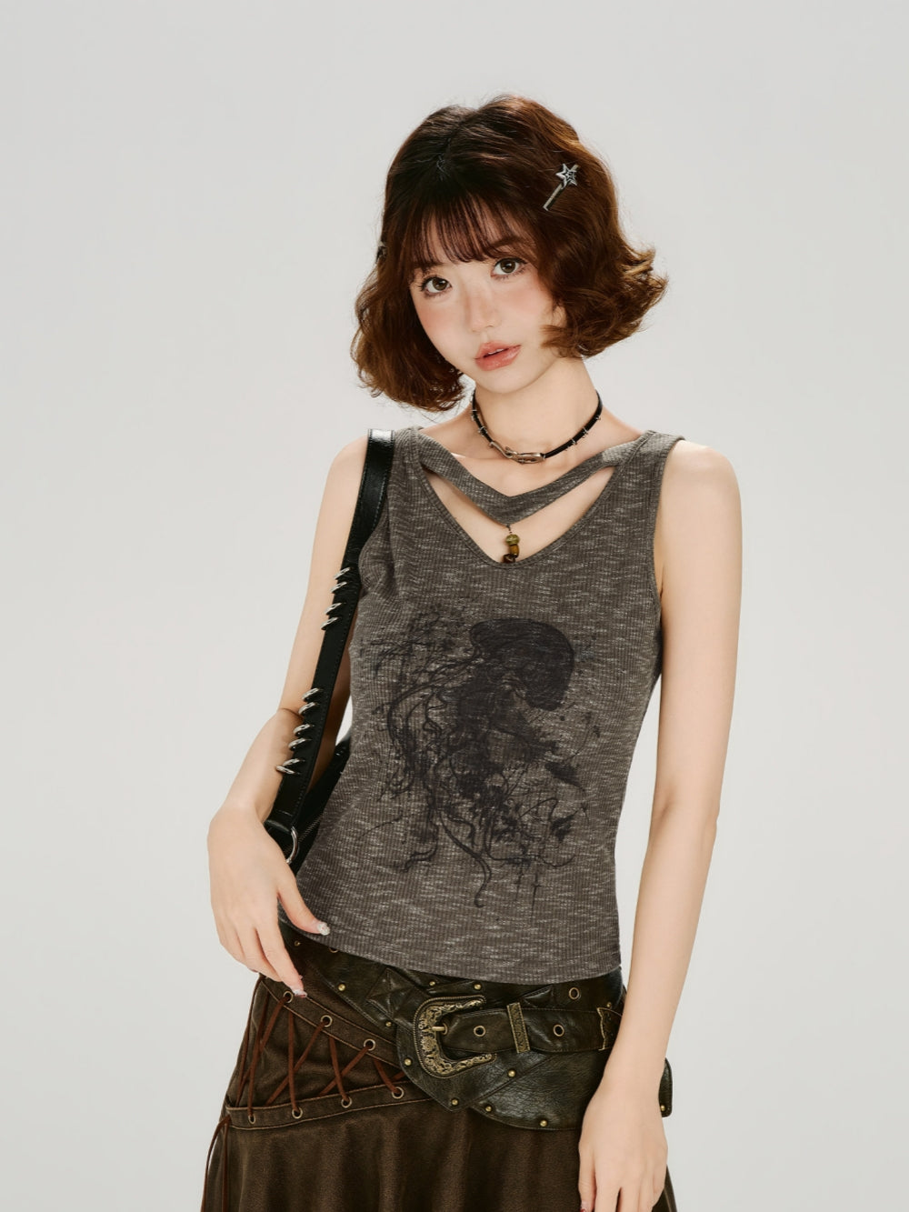 Jellyfish Print Cut-out V-Neck Grunge Tank