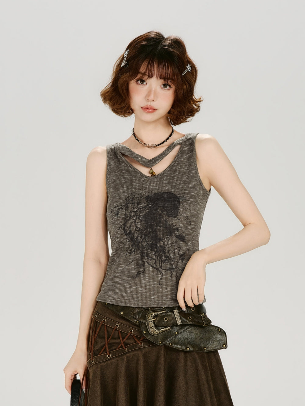 Jellyfish Print Cut-out V-Neck Grunge Tank