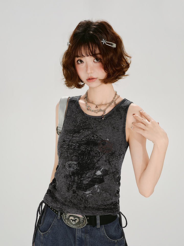 Acid Wash Side Lace-up Graphic Tank