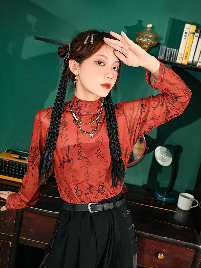 Chinese-inspired red mesh blouse