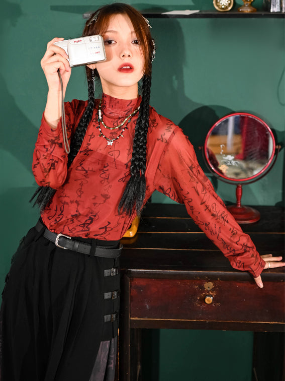 Chinese-inspired red mesh blouse
