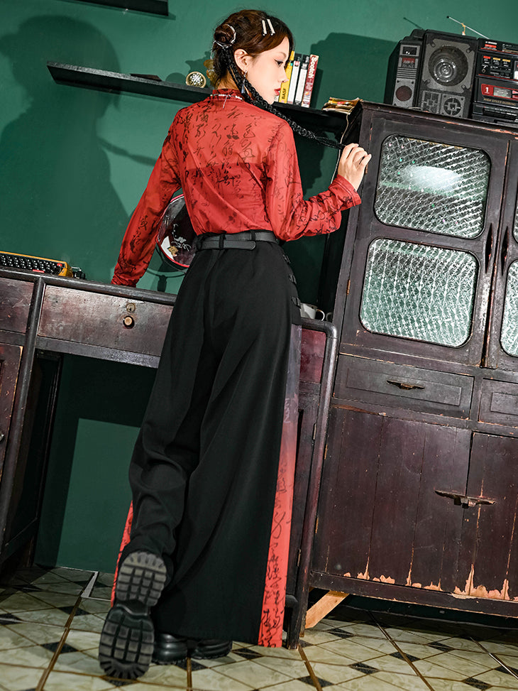 Chinese-inspired red mesh blouse