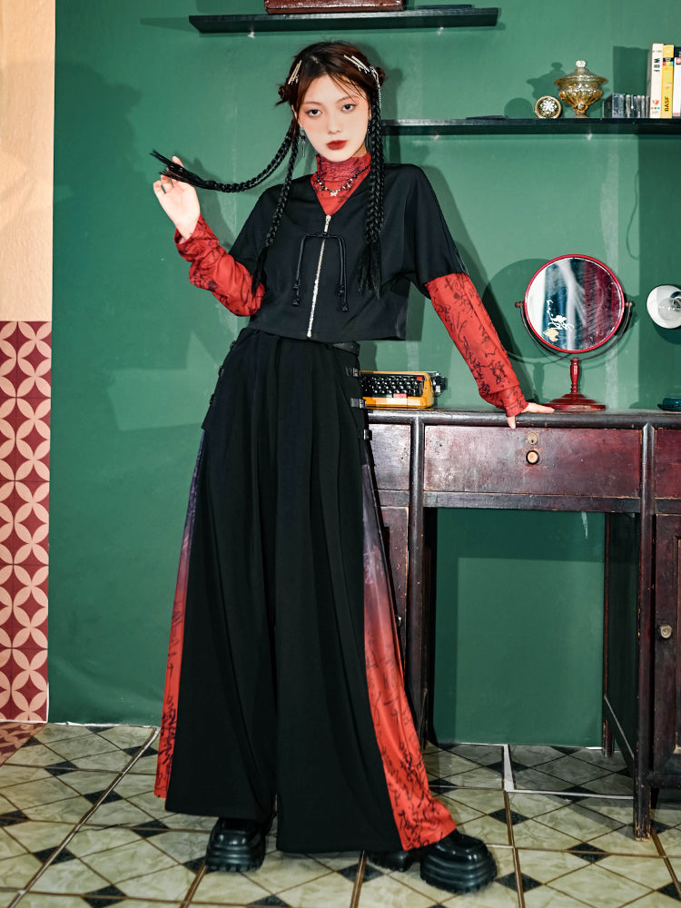 Chinese-inspired red mesh blouse