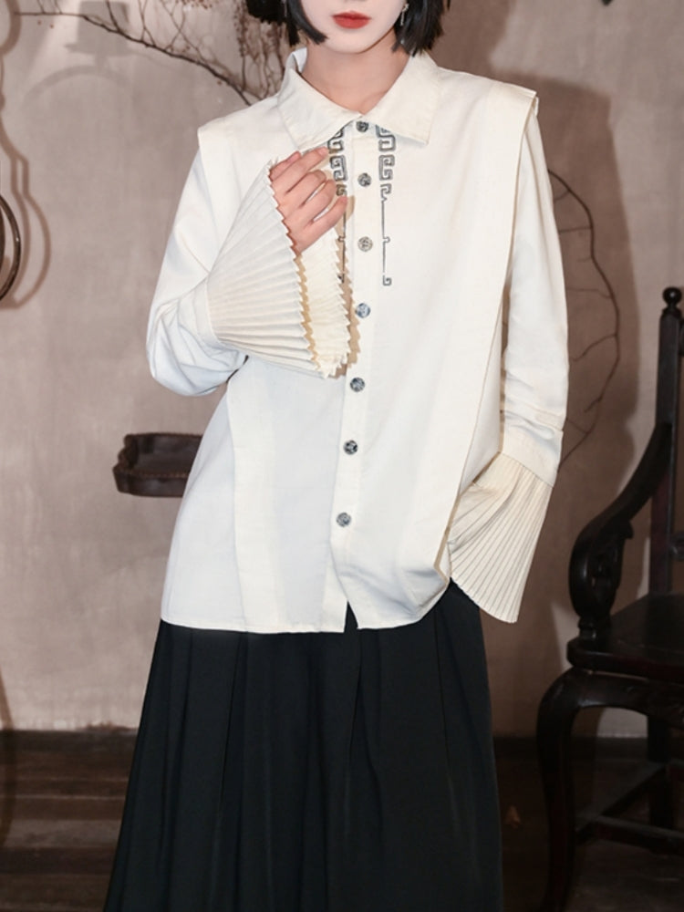 Chinese-Style Pleated Sleeve Stand-Collar Shirt