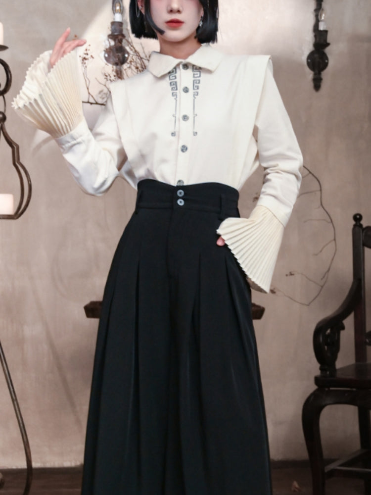Chinese-Style Pleated Sleeve Stand-Collar Shirt