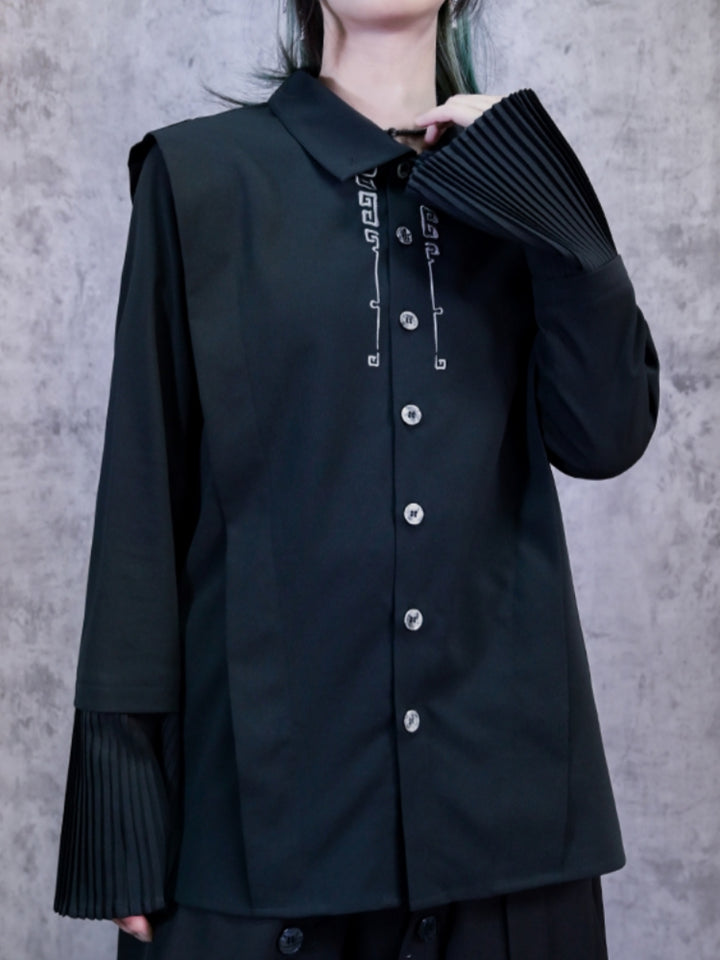 Chinese-Style Pleated Sleeve Stand-Collar Shirt