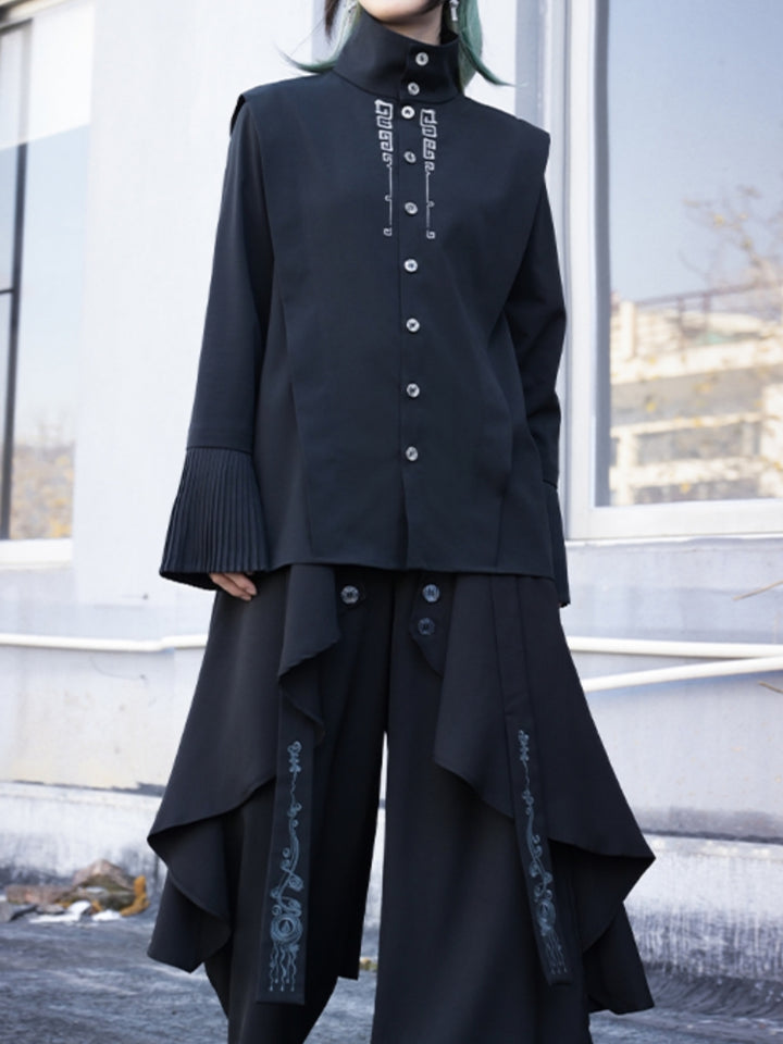Chinese-Style Pleated Sleeve Stand-Collar Shirt