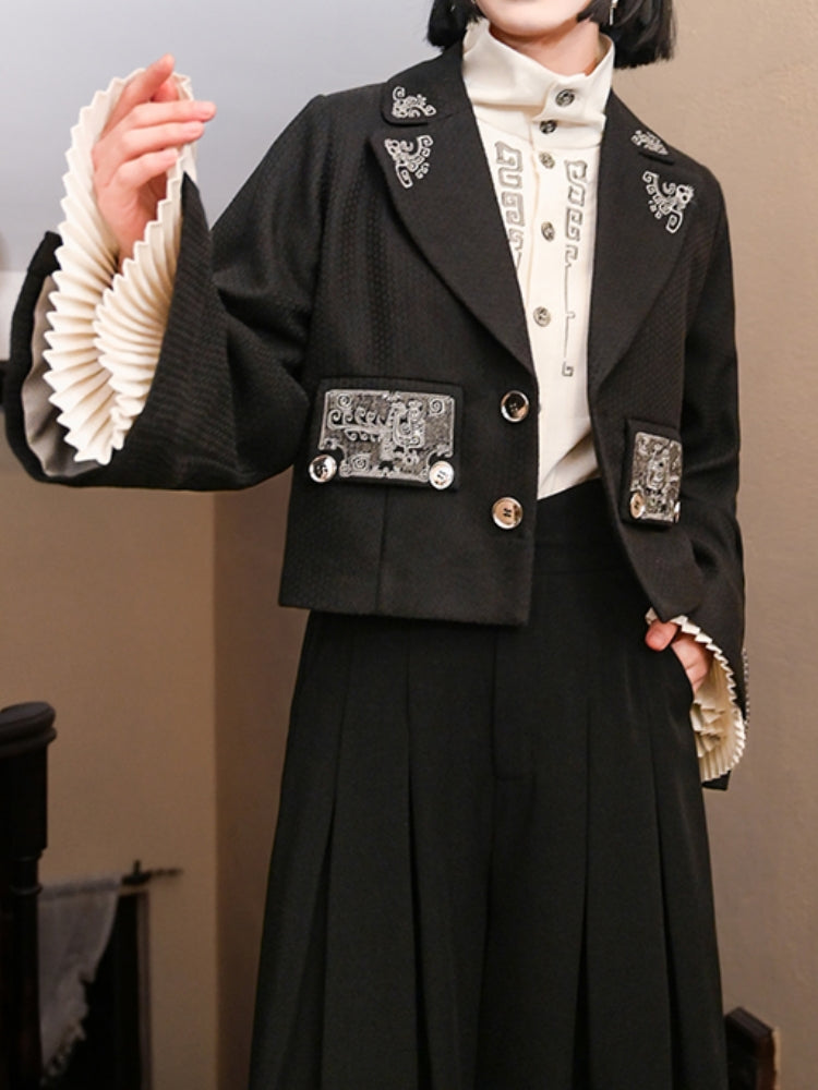 Chinese-Style Pleated Sleeve Stand-Collar Shirt