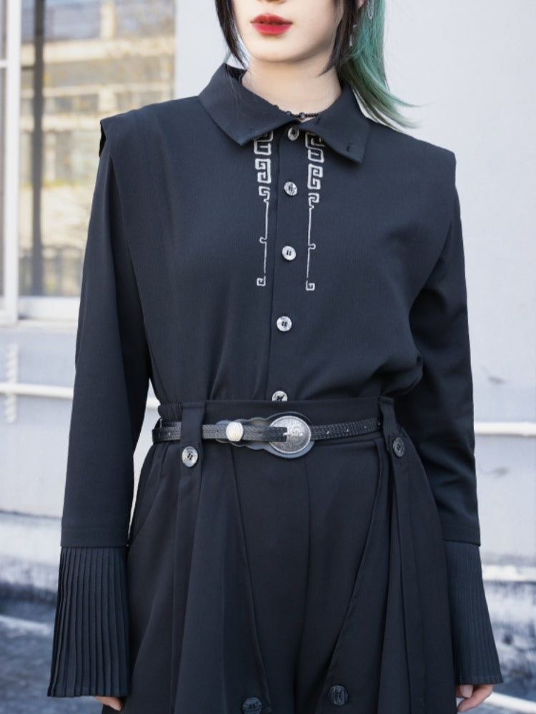 Chinese-Style Pleated Sleeve Stand-Collar Shirt