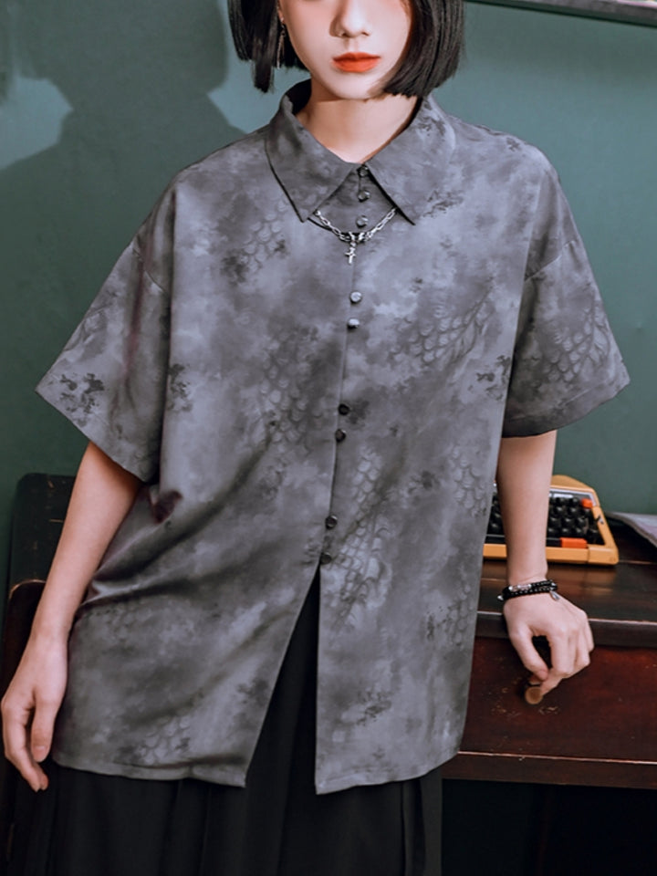 Summer Chinese-Style Gray Short-Sleeve Collared Shirt