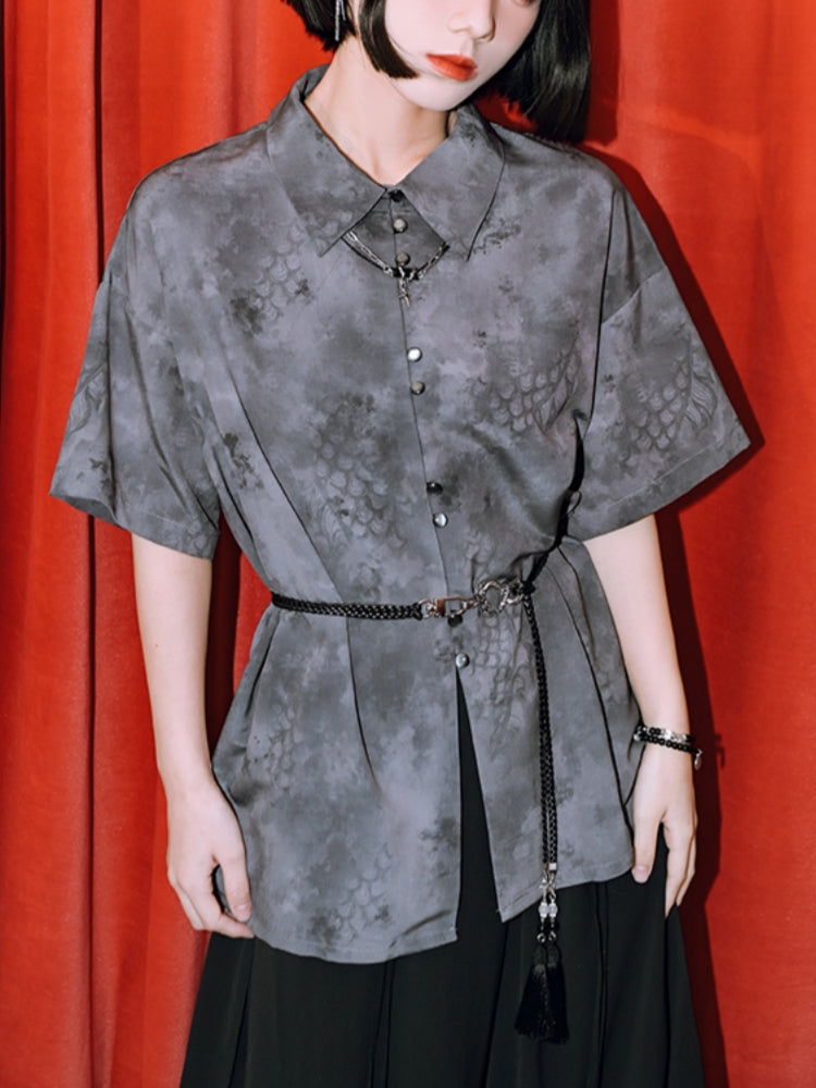 Summer Chinese-Style Gray Short-Sleeve Collared Shirt