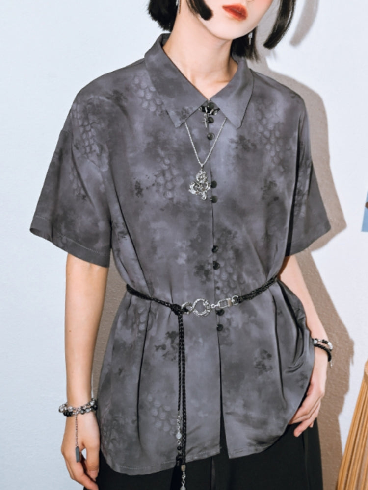 Summer Chinese-Style Gray Short-Sleeve Collared Shirt
