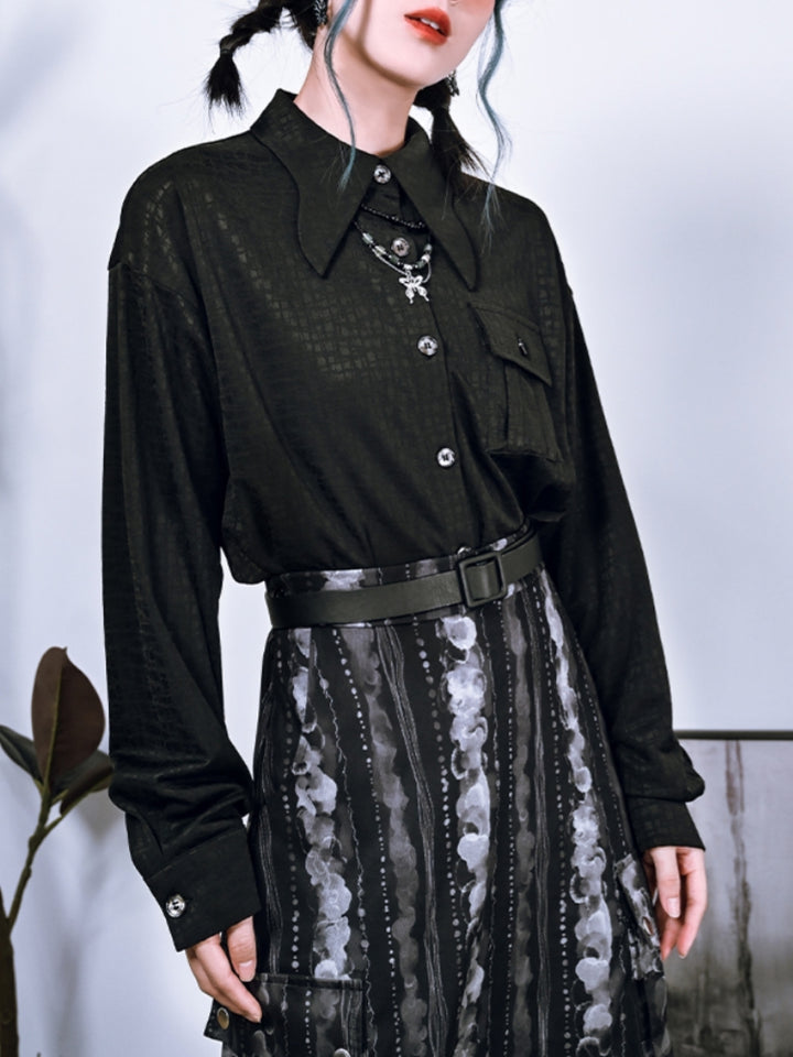 Spring Autumn Black Shirt with Butterfly Collar