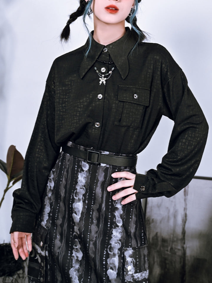 Spring Autumn Black Shirt with Butterfly Collar