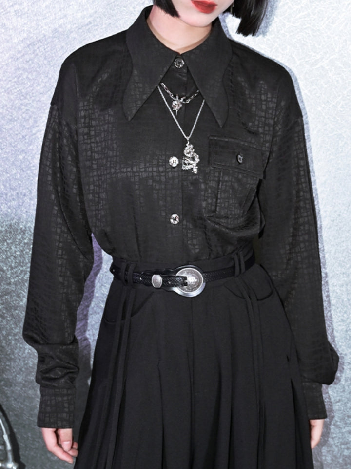 Spring Autumn Black Shirt with Butterfly Collar