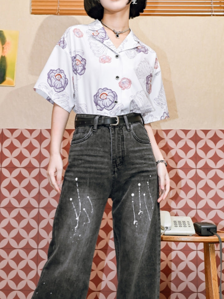Black White Vintage Loose Short-Sleeve Shirt