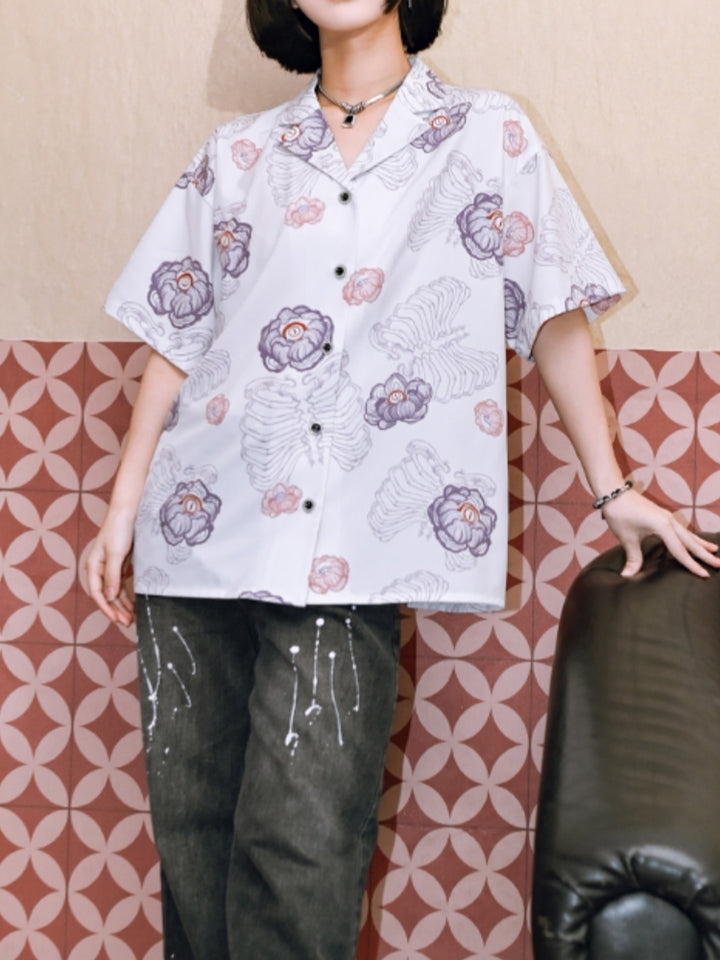 Black White Vintage Loose Short-Sleeve Shirt