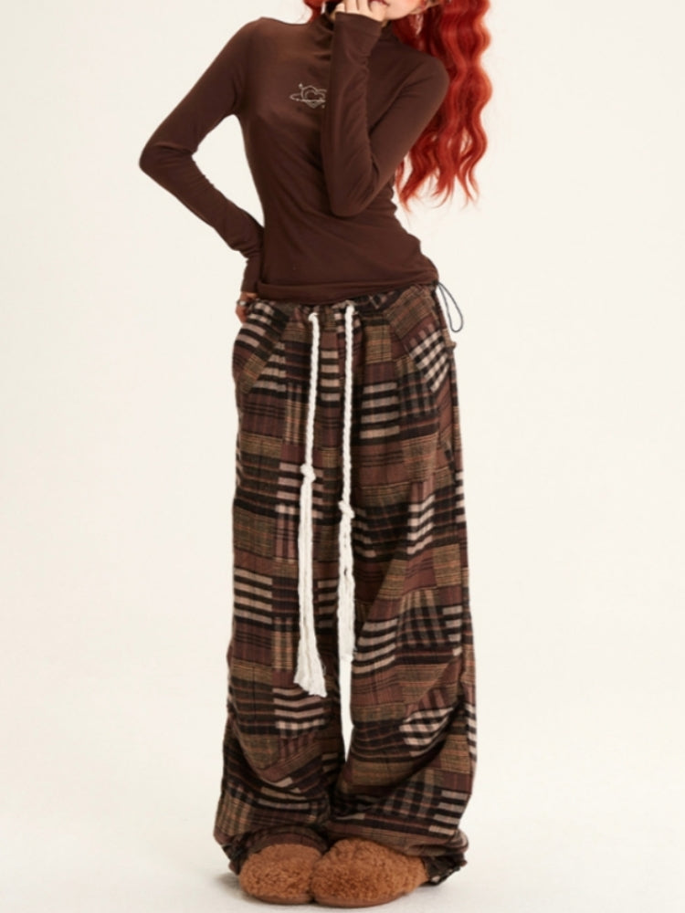 Plaid Patchwork Straight-Leg Casual Pants