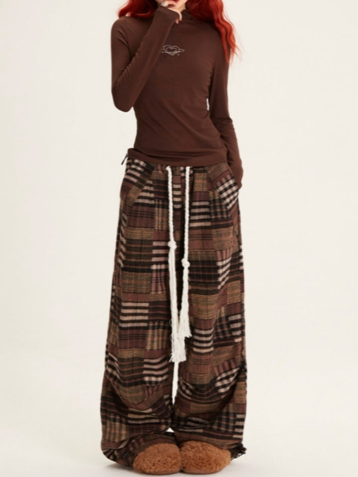 Plaid Patchwork Straight-Leg Casual Pants