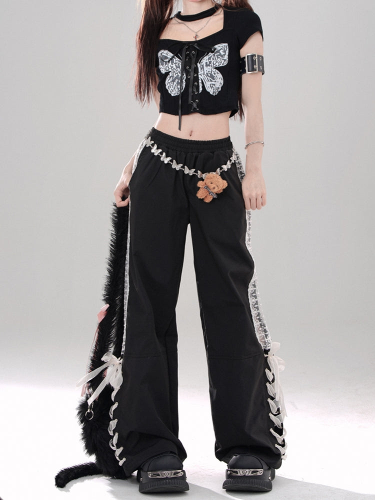 Gray Preppy Style Straight-Leg Casual Pants