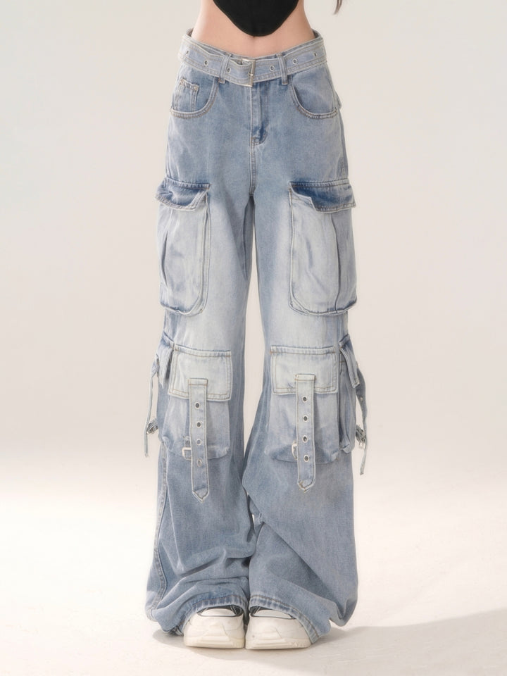 Baddie Blue Light Gradient Multi-Pocket Cargo Jeans