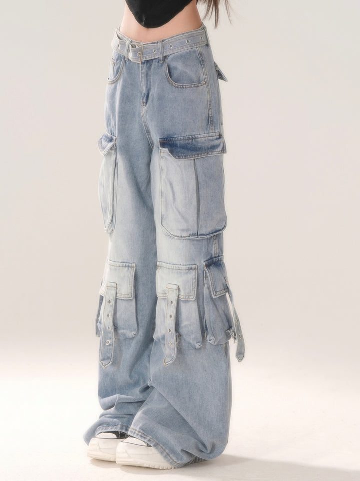Baddie Blue Light Gradient Multi-Pocket Cargo Jeans
