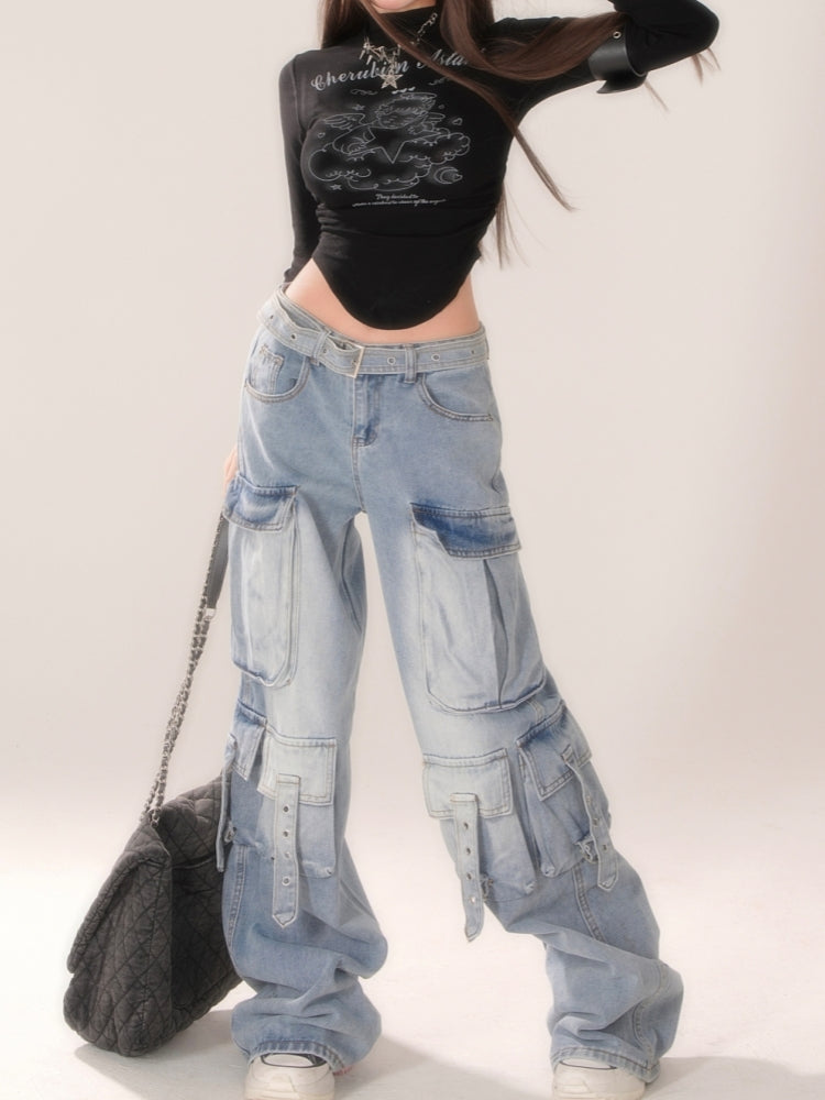 Baddie Blue Light Gradient Multi-Pocket Cargo Jeans