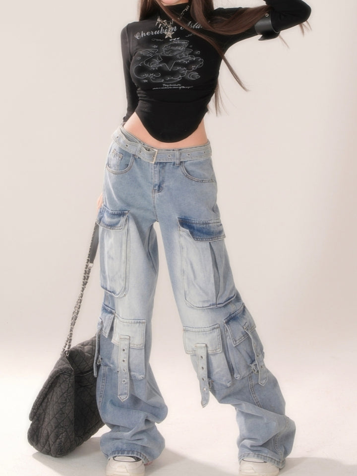 Baddie Blue Light Gradient Multi-Pocket Cargo Jeans