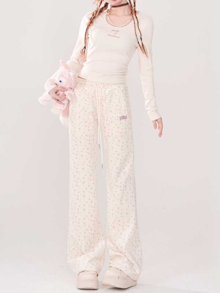 Korean-Style Floral Print Drawstring Casual Pants