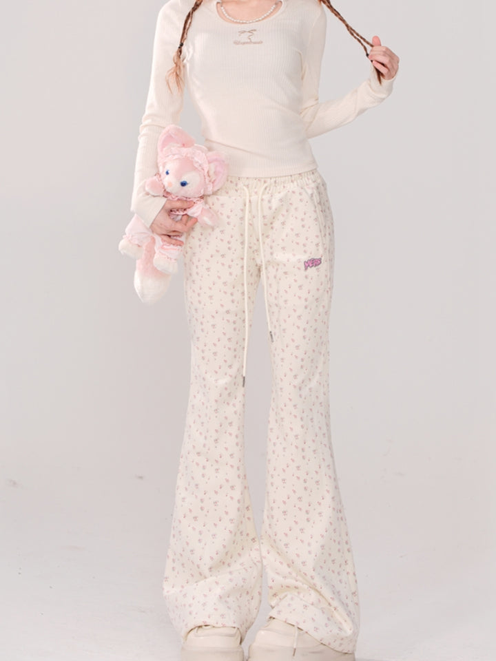 Korean-Style Floral Print Drawstring Casual Pants