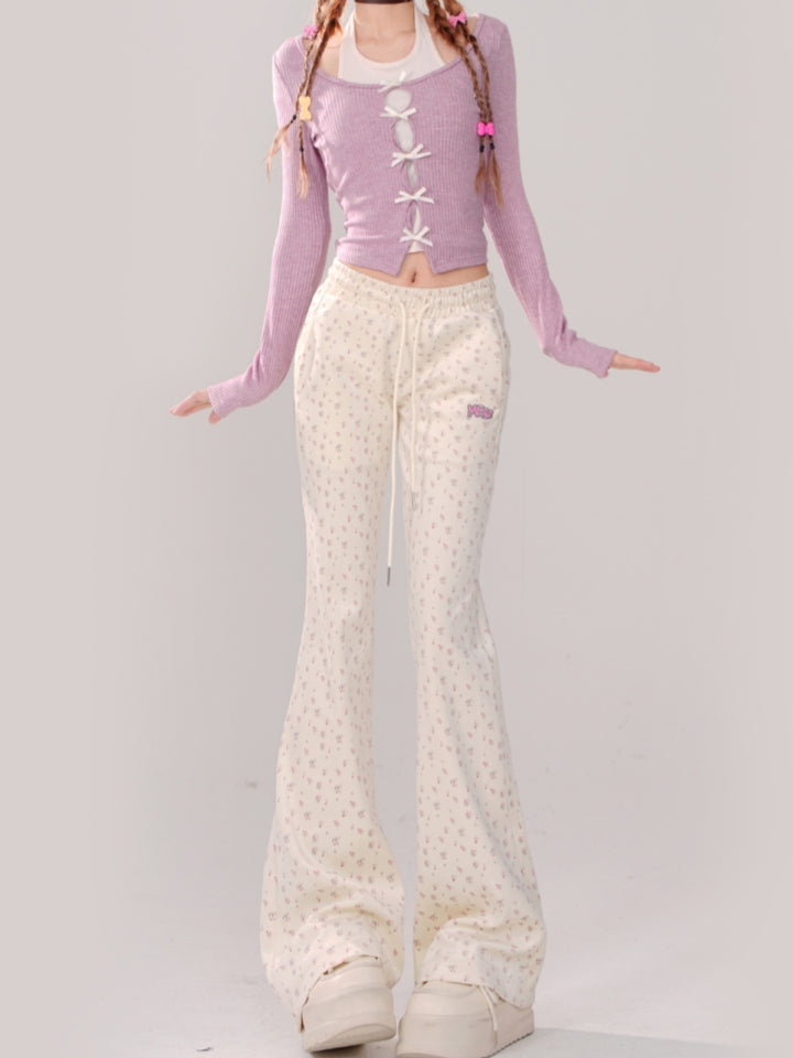 Korean-Style Floral Print Drawstring Casual Pants
